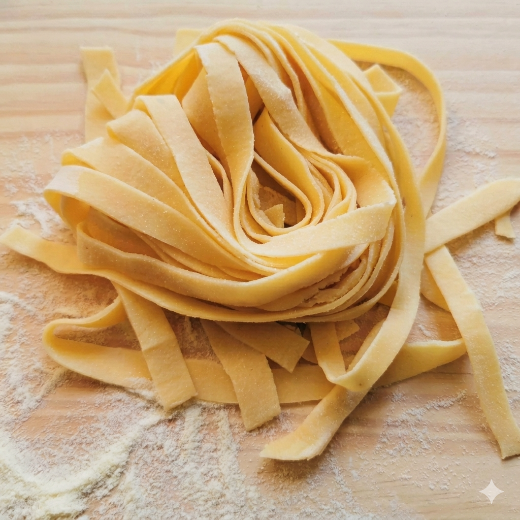 Uncooked homemade pasta nest on a floured wooden surface.