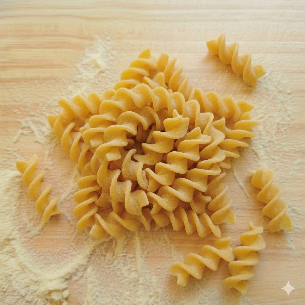 Uncooked fusilli pasta on a floured wooden surface.
