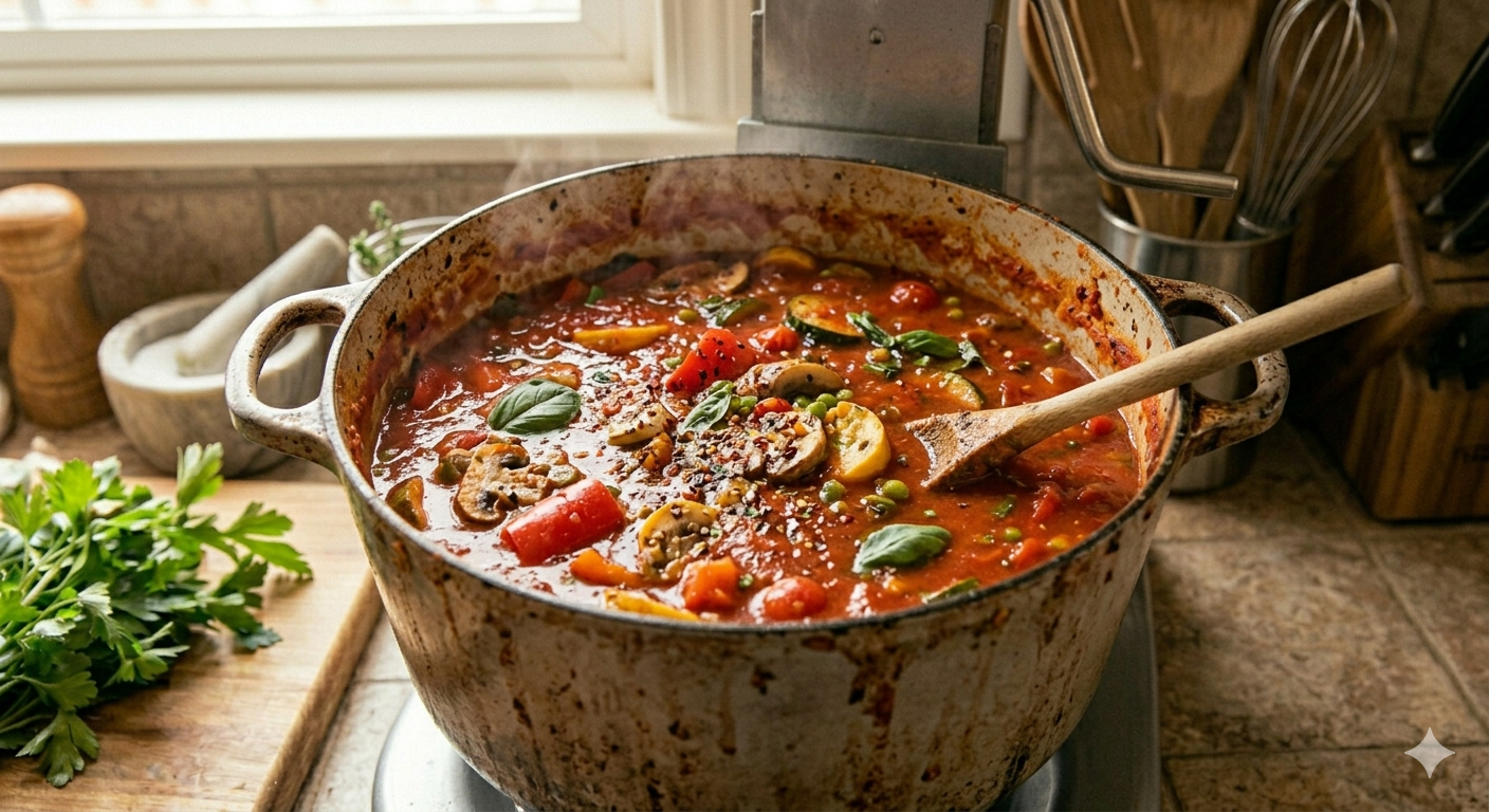 A large, rustic pot of vegetable and tomato soup on a stovetop in a home kitchen, with a wooden spoon resting inside, surrounded by fresh parsley and kitchen utensils.