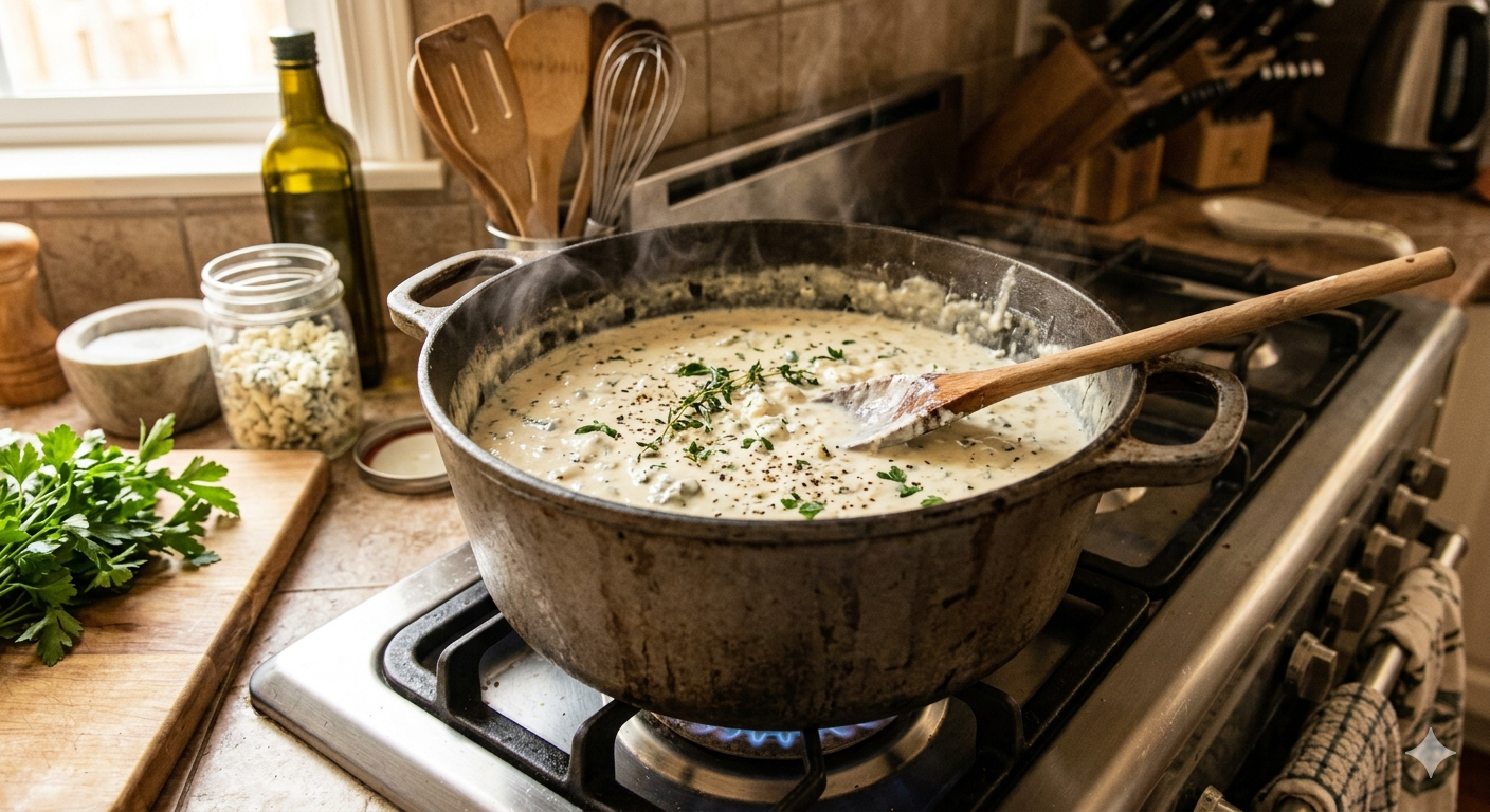 A large pot of creamy soup or sauce on a stove, garnished with herbs. The stove is in a kitchen with various cooking utensils and ingredients nearby.
