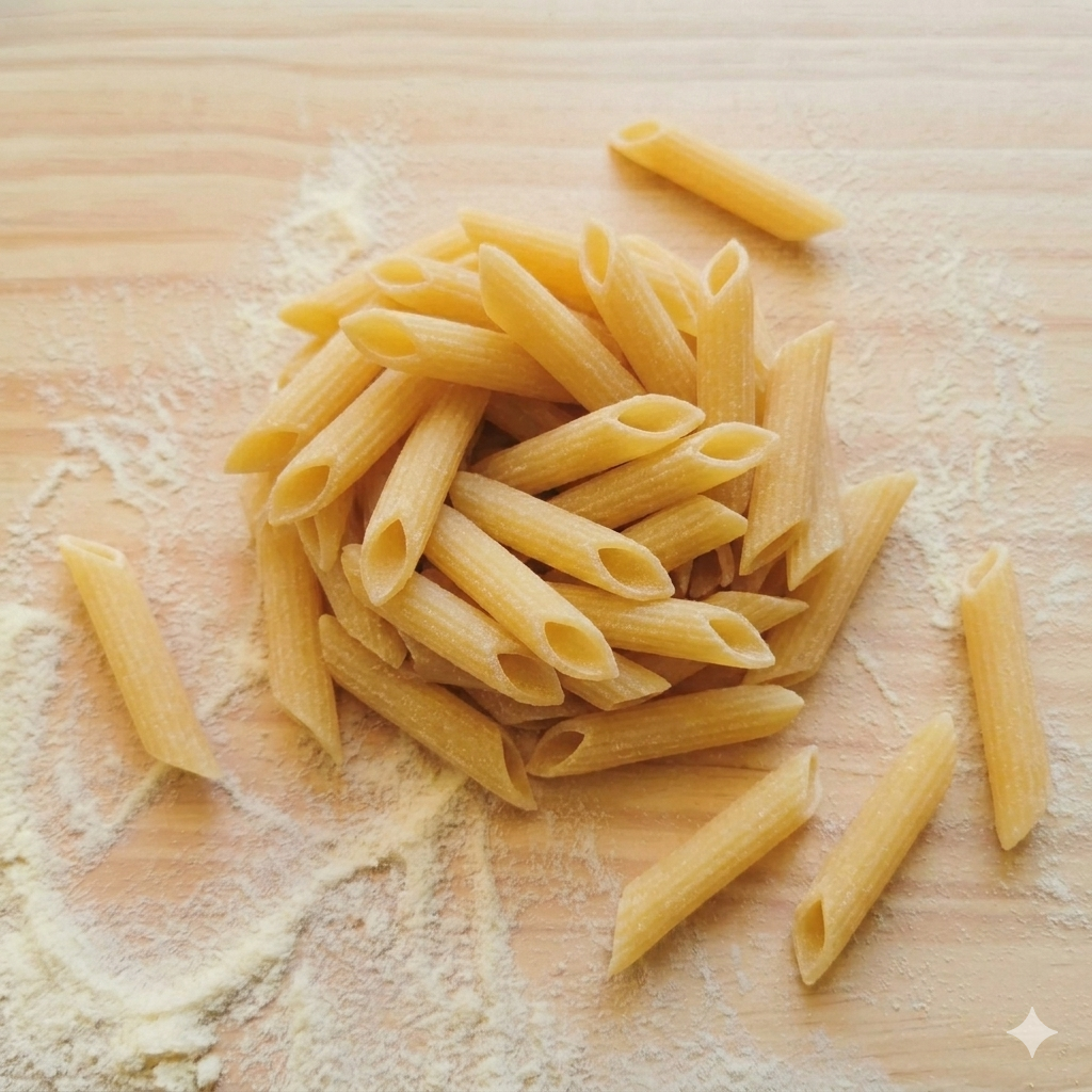Uncooked penne pasta on a floured wooden surface.