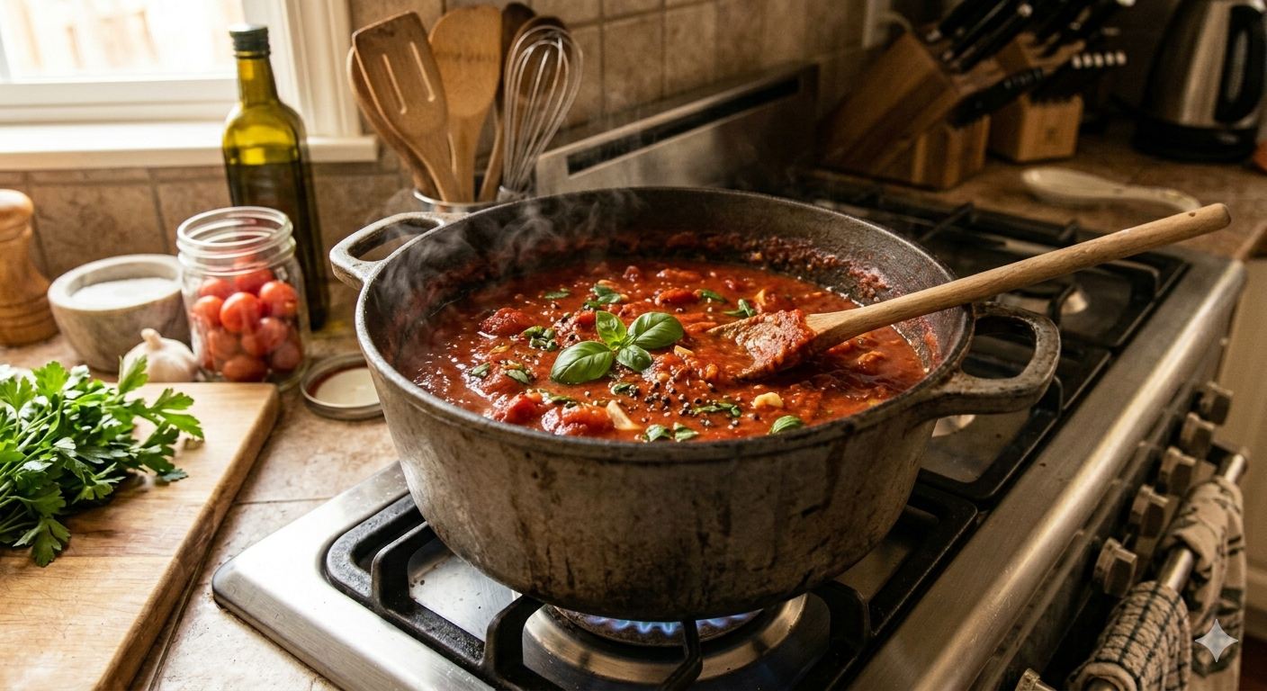 A pot of tomato sauce cooking on a stove with a wooden spoon resting inside, surrounded by various kitchen items including a jar of cherry tomatoes, fresh parsley, and cooking utensils.