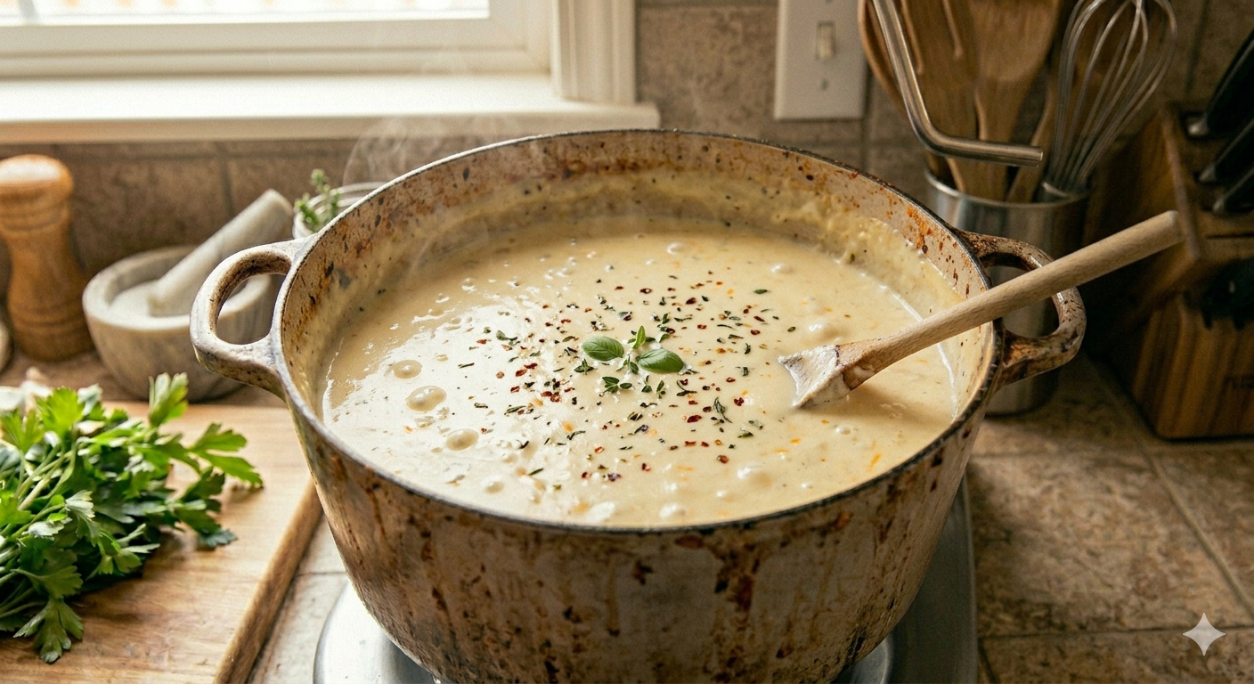 A large pot of creamy soup garnished with herbs, with a wooden spoon resting inside, in a kitchen setting.