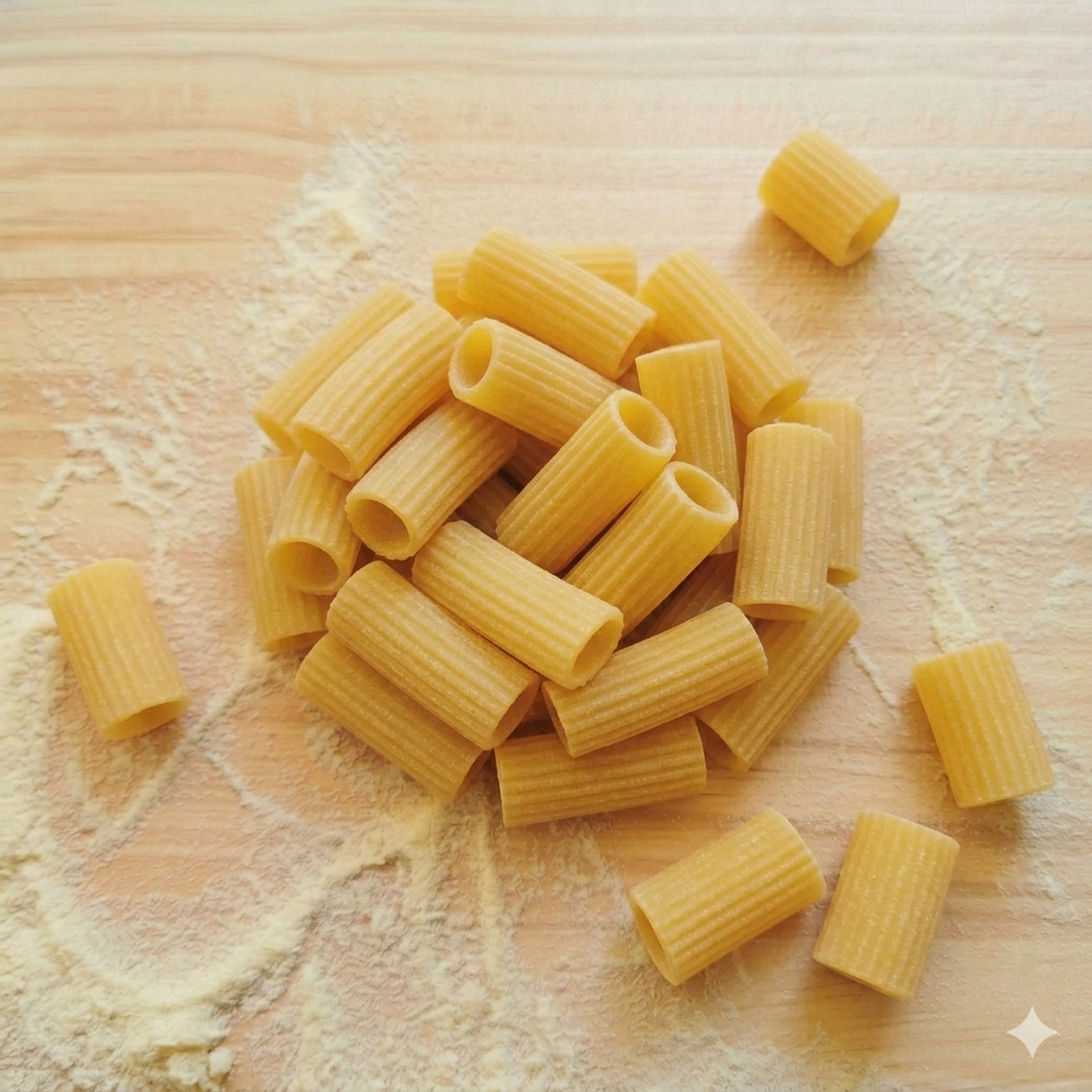 Uncooked rigatoni pasta on a wooden surface with scattered flour.