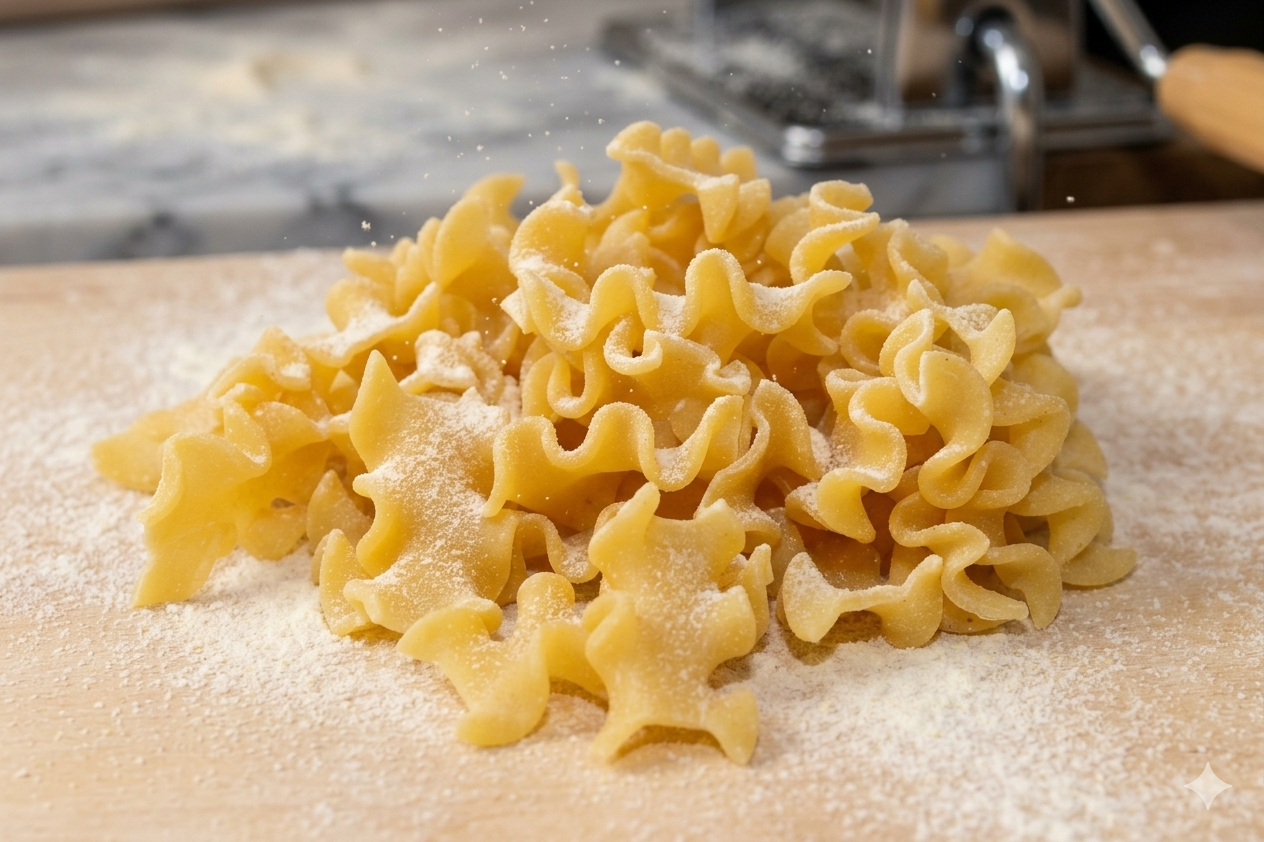 Close-up of uncooked fettuccine pasta on a floured wooden surface with a pasta machine in the background.