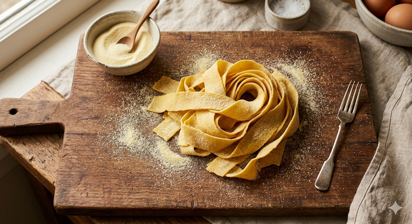Fresh homemade pasta on a wooden cutting board with flour sprinkled on it, a fork, a bowl of eggs, a bowl of flour, and a bowl of grated cheese with a wooden spoon, near a window.