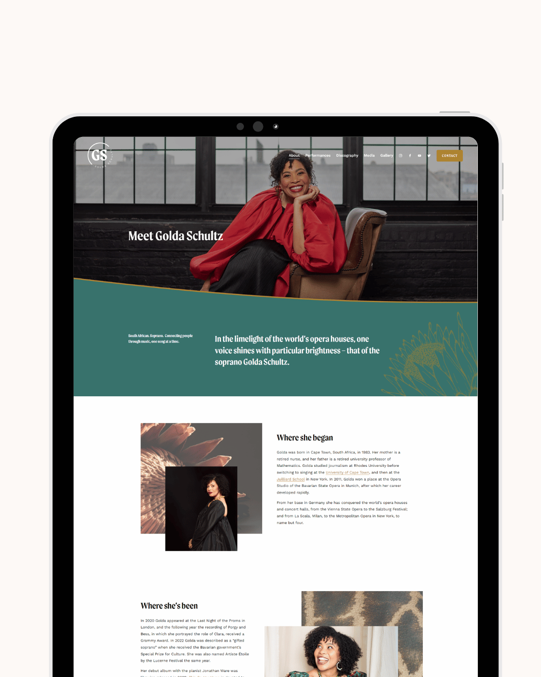 Webpage featuring South African opera singer Golda Schultz with a profile section and images of her.