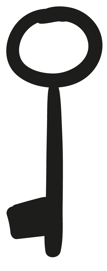 Silhouette of an old-fashioned key with a circular bow and a single tooth.