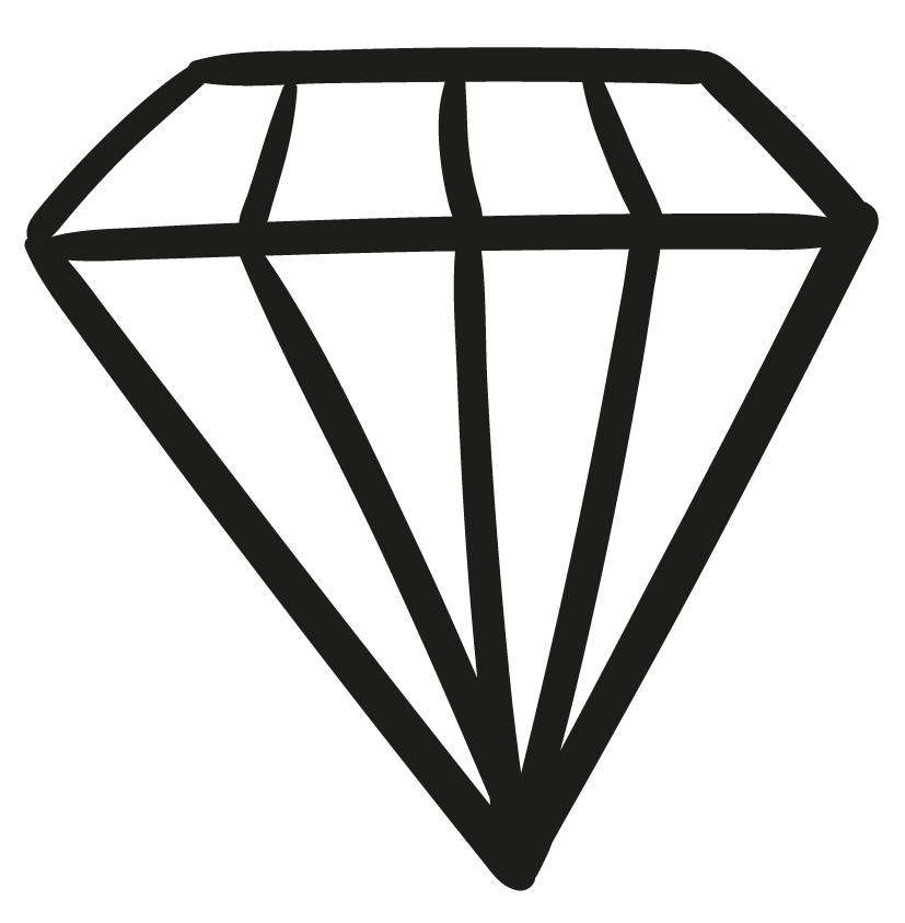 Outline drawing of a diamond gemstone.