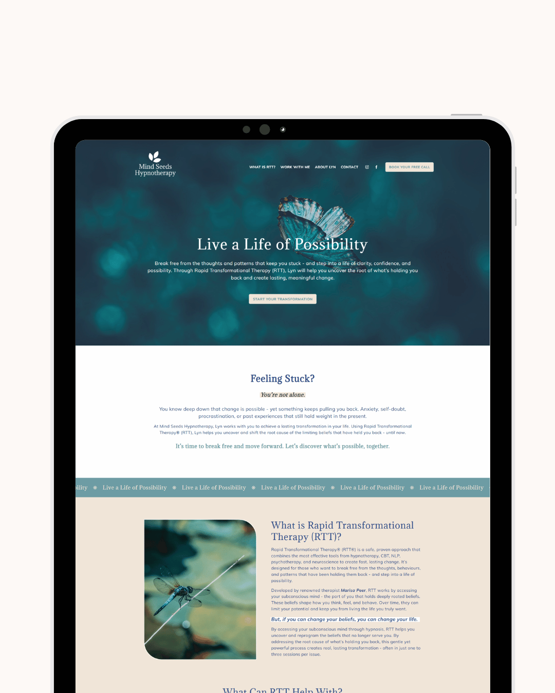 Homepage of a hypnotherapy website titled "Live a Life of Possibility" with a background image of a butterfly and a dragonfly image below.