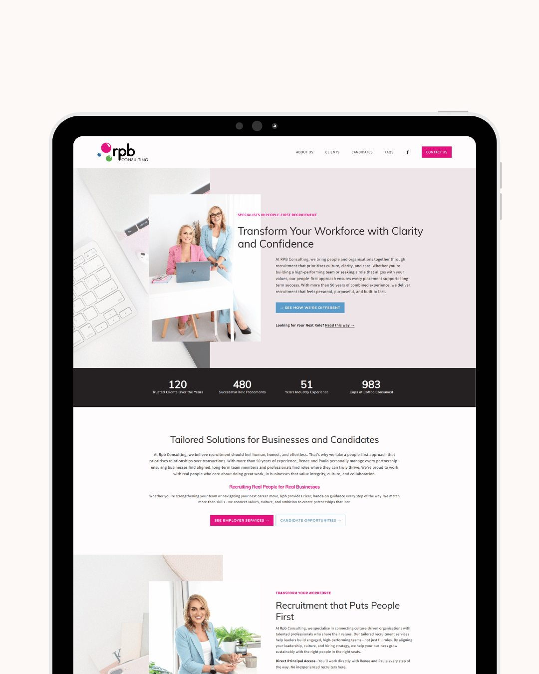 Screenshot of RPB Consulting website homepage, featuring a woman in a blue blazer sitting at a desk, with another woman in a pink blazer standing beside her, both smiling. The website has a clean, professional layout with pink and blue accents.