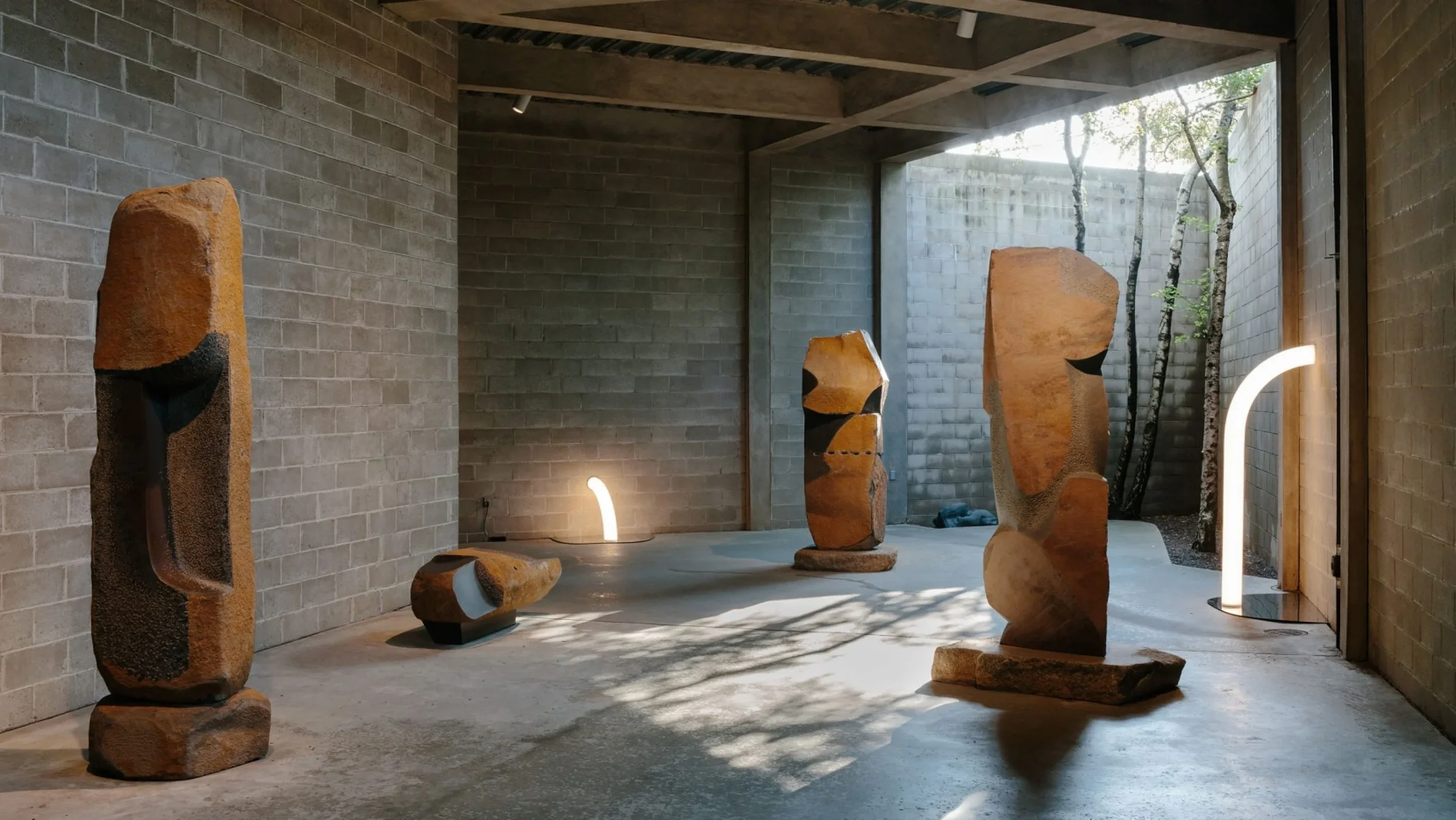Indoor gallery with abstract stone sculptures
