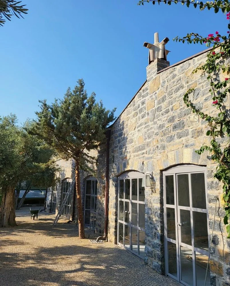 Stone building with glass doors