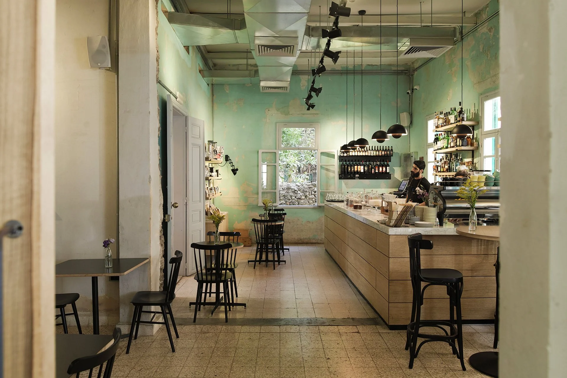 Cozy café interior with marble counter