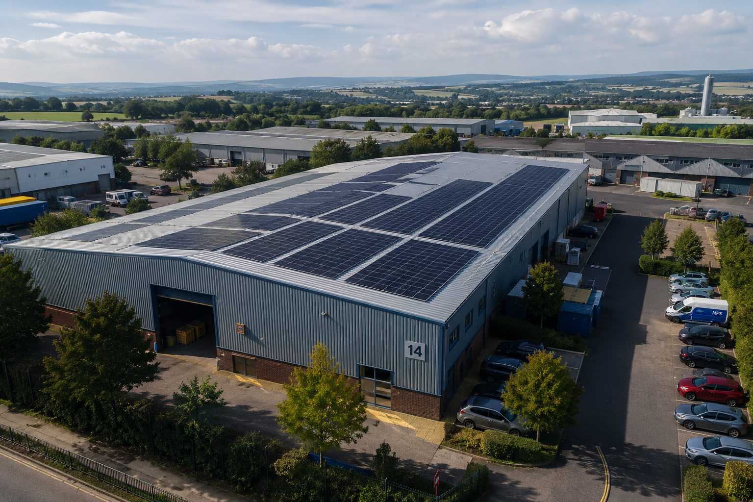 Aerial view of a UK industrial warehouse with commercial solar panels installed on the roof, showcasing renewable energy for businesses, reduced energy costs, and sustainable industrial operations.
