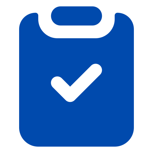 Blue clipboard icon with a checkmark in the center.