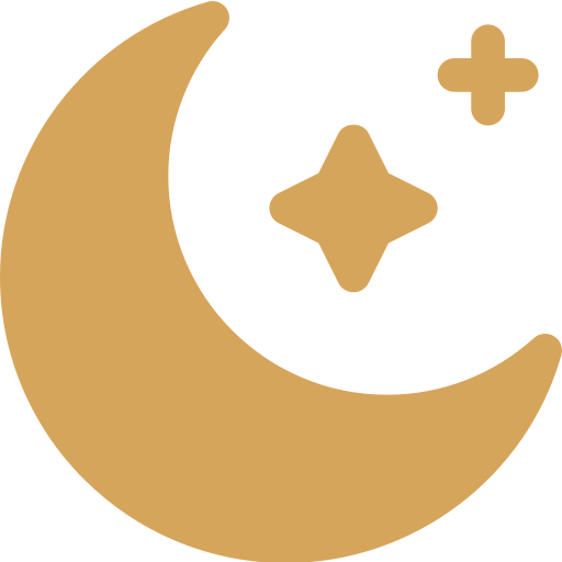 Gold crescent moon with a star and a plus symbol above it.