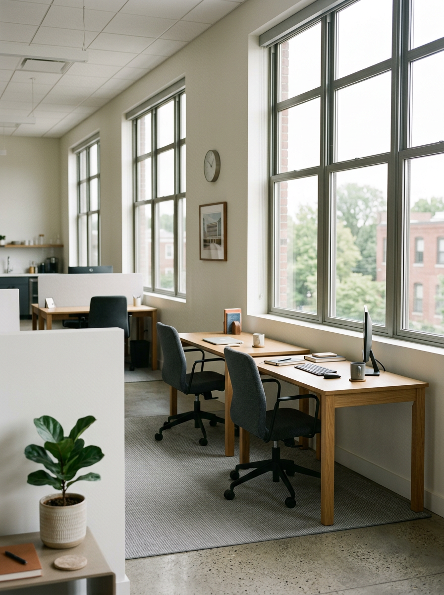 An open office space with large windows, two wooden desks with computer monitors, keyboards, and chairs, a wall clock, a framed picture, and a potted plant in the foreground.