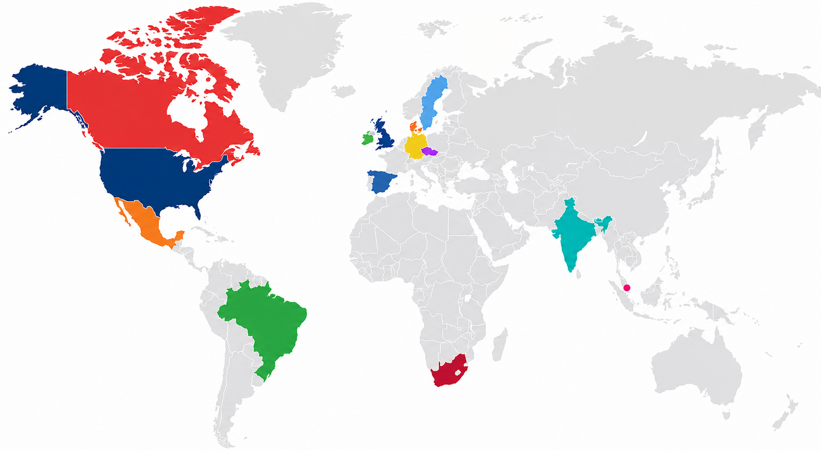 map of the world highlighting Brazil, Canada, Denmark, England, India, Ireland, South Africa, Spain, United States