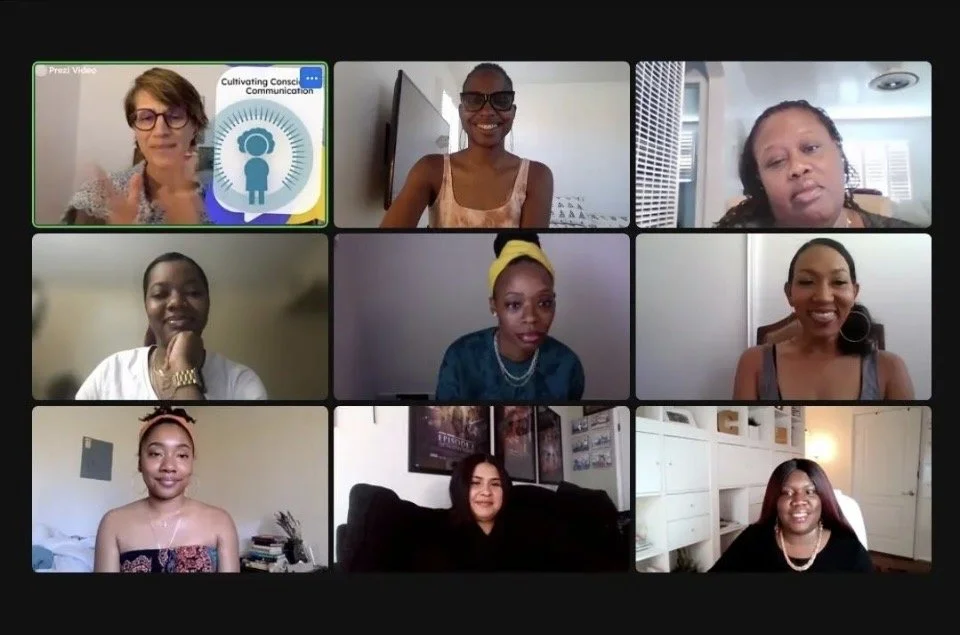 image of 9 boxes with people in each box, a virtual meeting