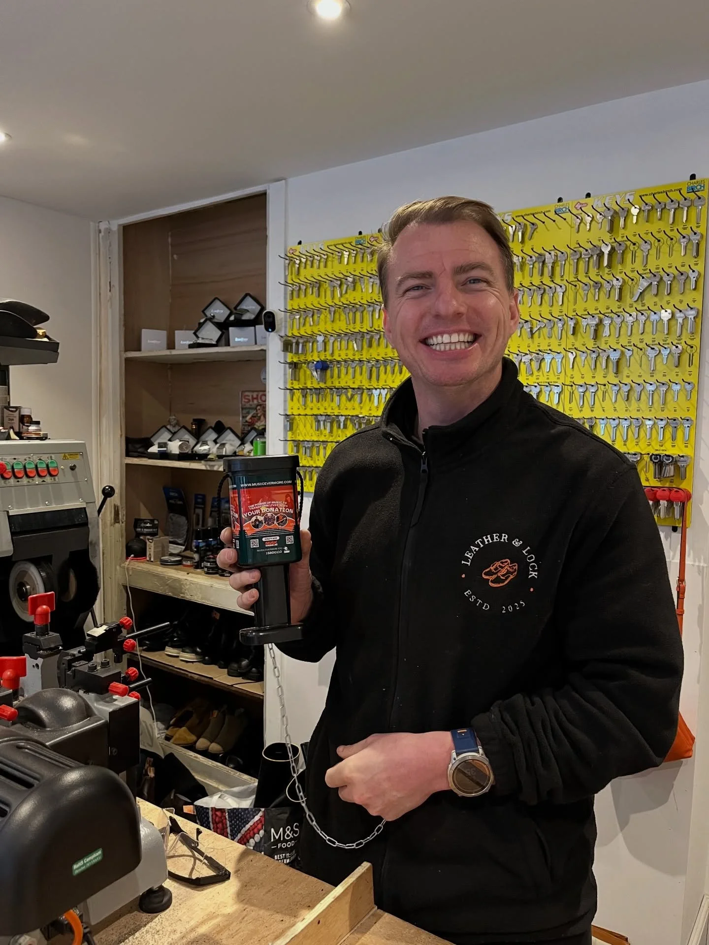 Massive thank you to Gary at Leather &amp; Lock Altrincham for popping one of our collection pots in his store. Every penny goes towards funding instrument tuition, band sessions and workshops for young people across Manchester. Making learning music