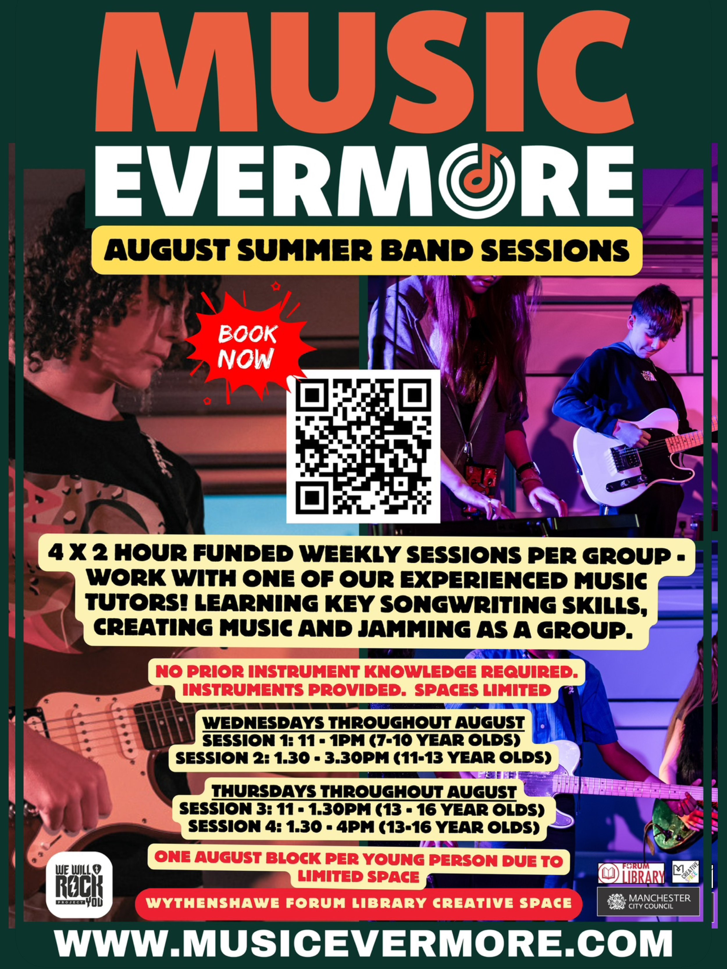 Funded Summer band sessions throughout August 🎶🤘🏻Wythenshawe Forum Library Creative Space @wythenshaweforum @wythenshawecivic - Book free spaces online, some groups already fully booked.