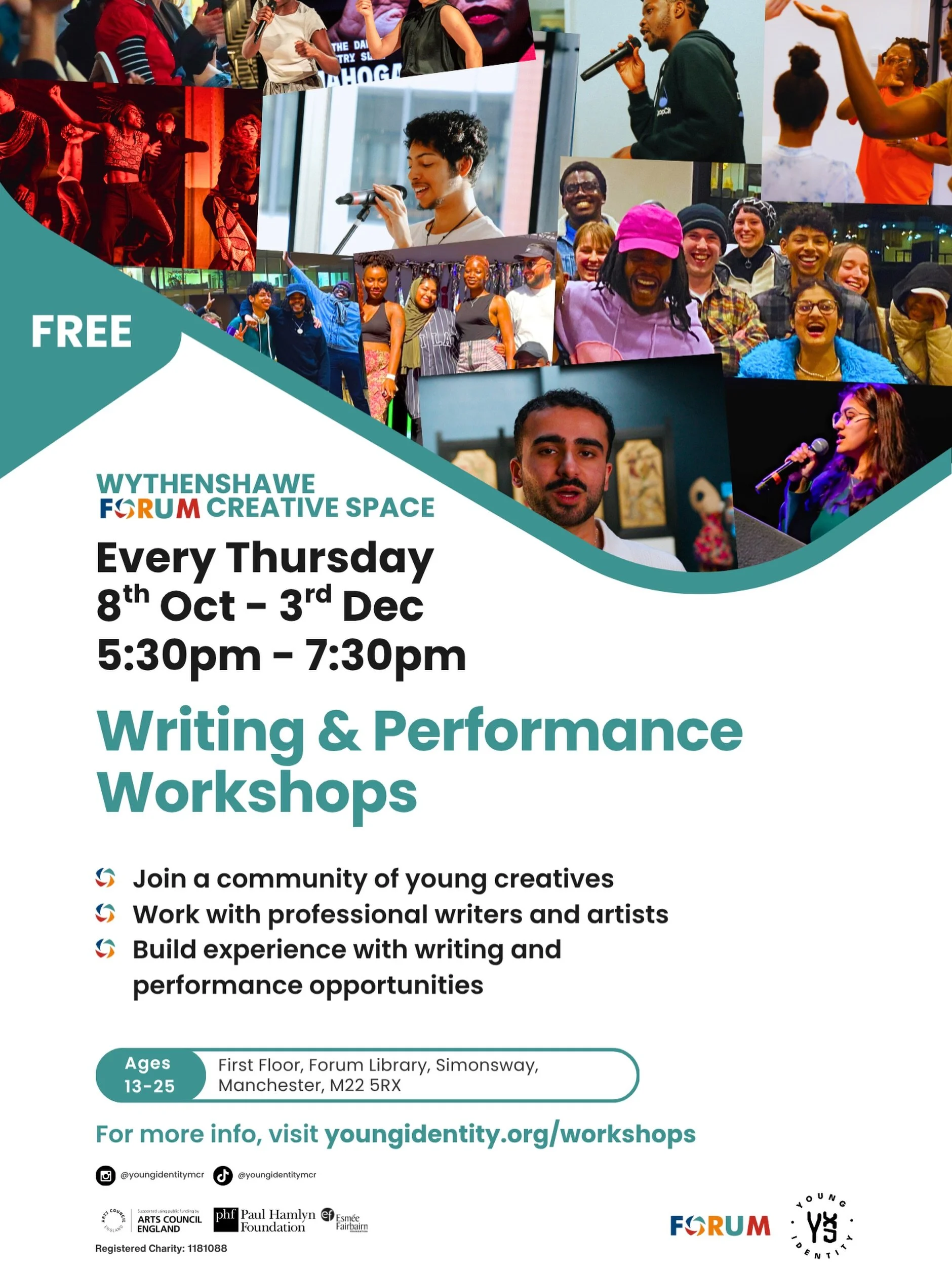 Young Identity are a literature and performance arts charity supporting diverse young voices through writing, performance and creative development.

In partnership with Wythenshawe Forum Creative Space, they are offering FREE creative writing and per
