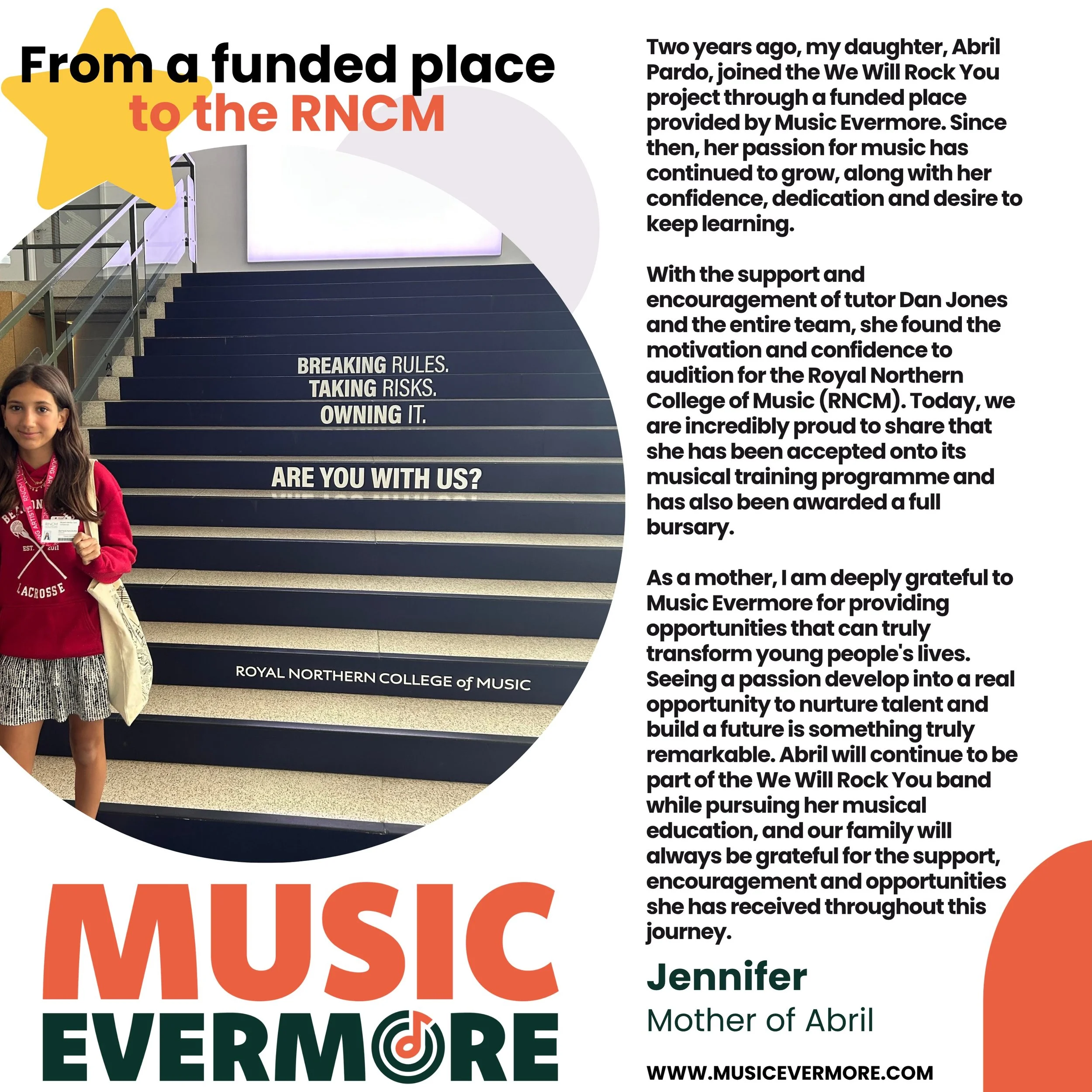 From a funded place.. to the @rncmlive! We are over the moon for Abril. Every young person deserves to experience music and unlock their hidden potential. If you or your business would like to sponsor a young persons place in one of our funded weekly