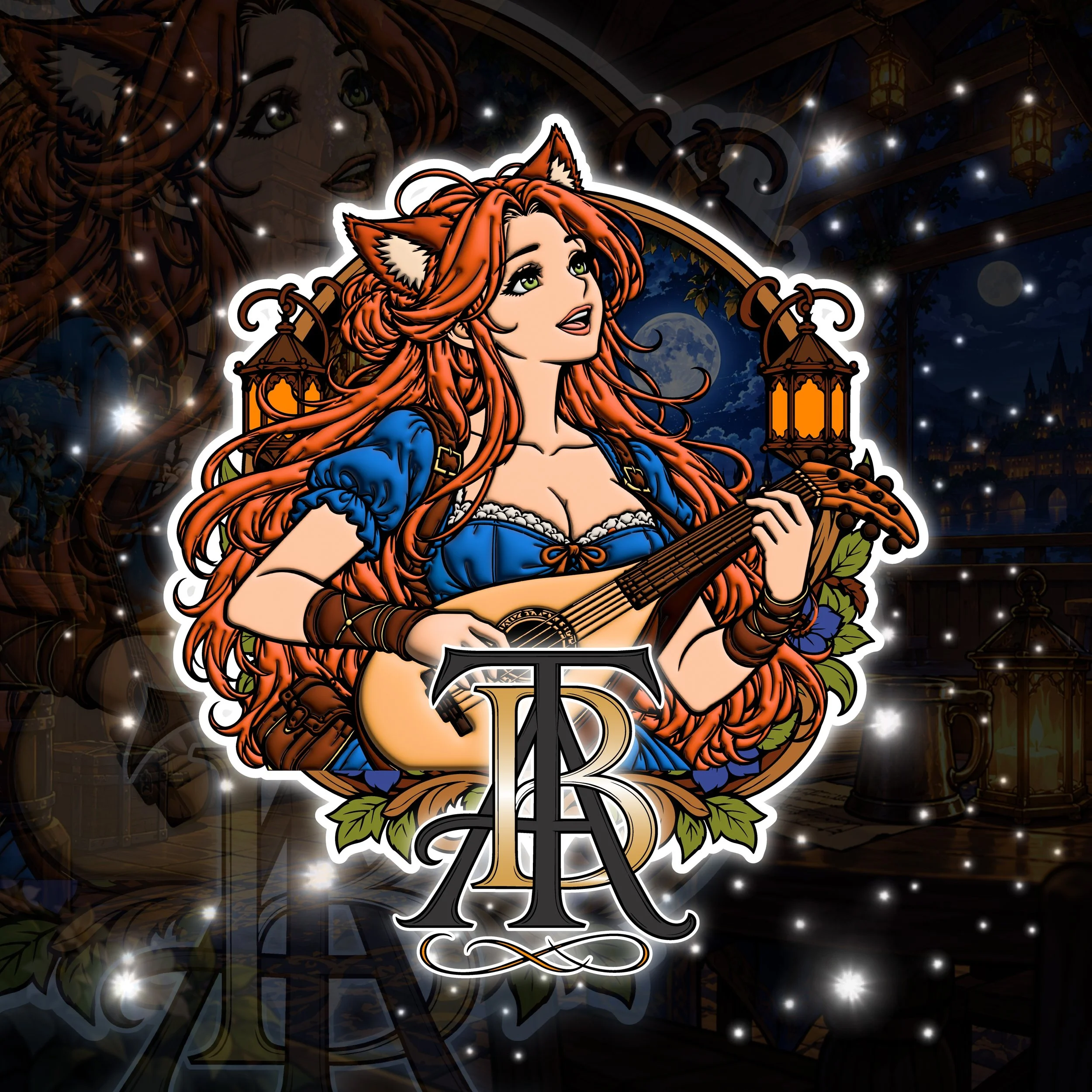 Fantasy illustration of an orange-haired cat-eared woman playing a lute in a lantern-lit medieval tavern at night