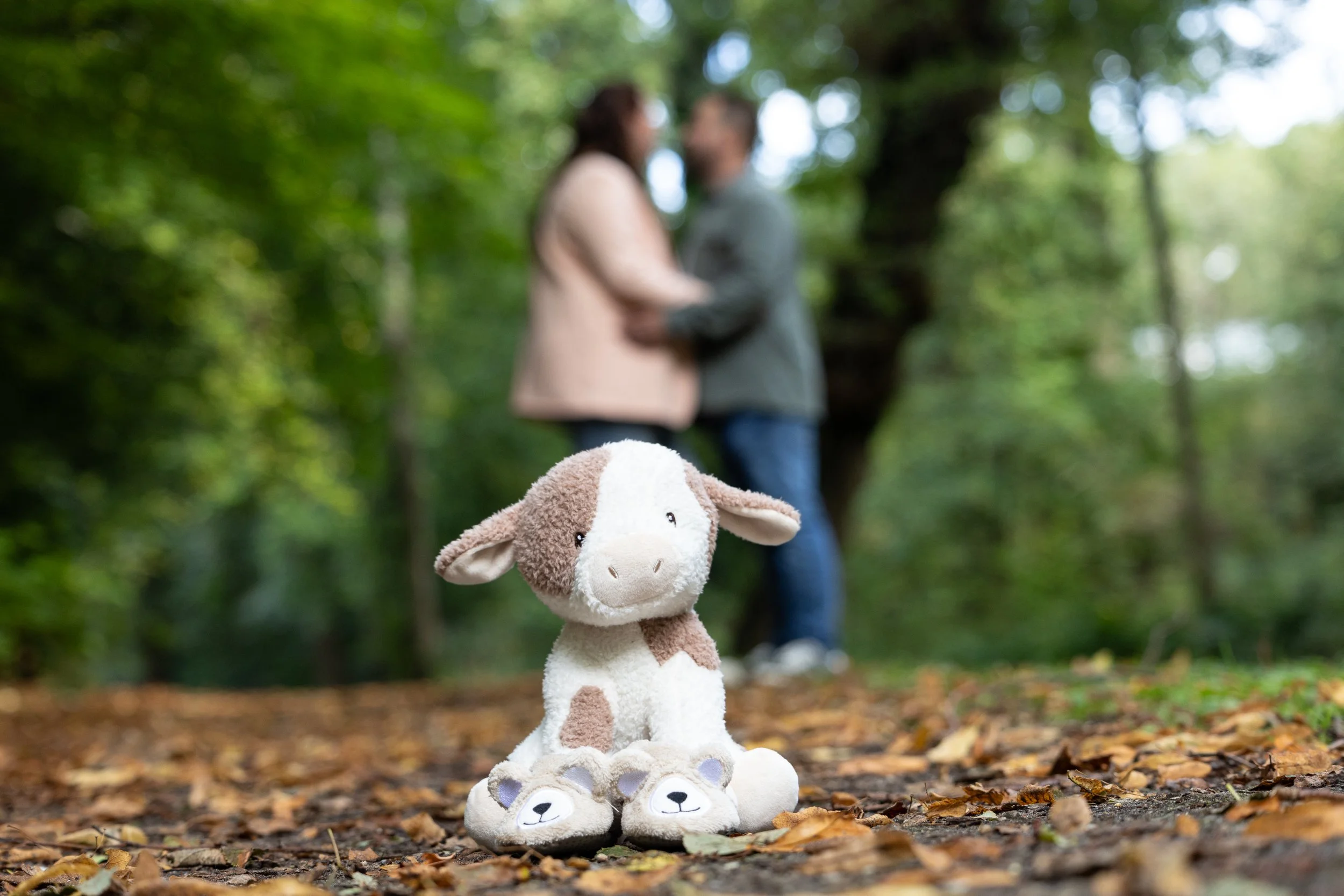 Voorkant van een knuffelkoe op de grond in een bos, met een paar knuffelbeesten onder haar voeten, terwijl een paar mensen in de achtergrond entoen in het bos.