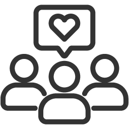 Icon showing three people with a speech bubble containing a heart above them, representing love or support.
