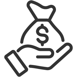 Outline of a hand holding a money bag with a dollar sign.
