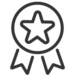 An icon of a medal with a star in the center, and two ribbons hanging below.