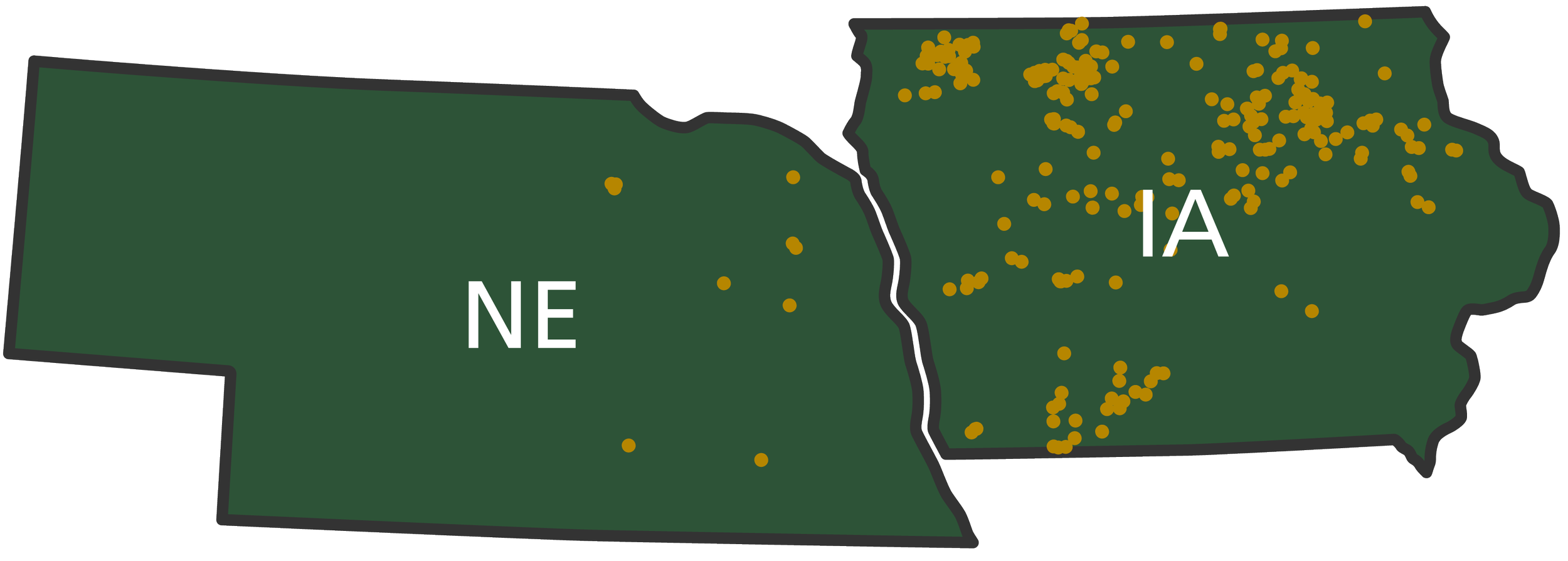 Map of states with separate regions labeled NE and IA, showing clusters of yellow dots indicating locations.