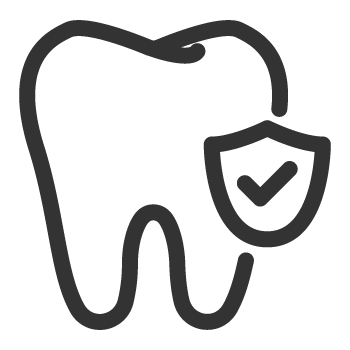 Outline of a tooth with a shield and checkmark, indicating dental protection or safety.