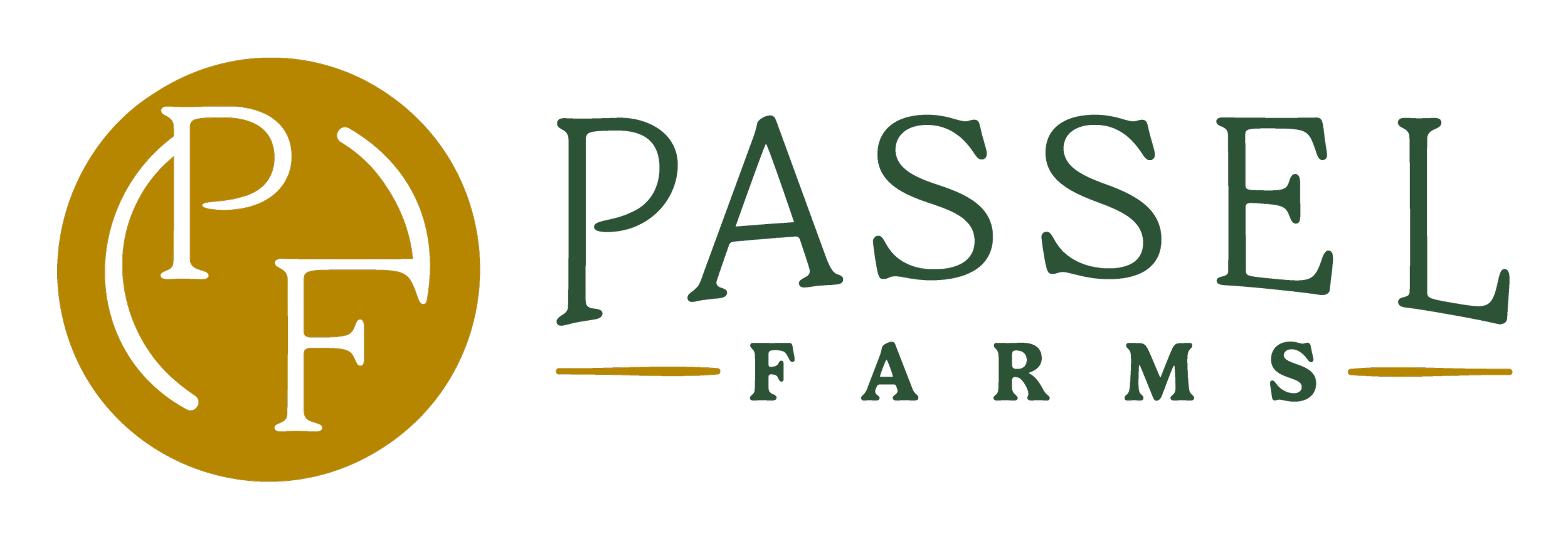 Logo for Passel Farms featuring a gold circle with black initials PF and the words Passel Farms written in green with gold underline accents.