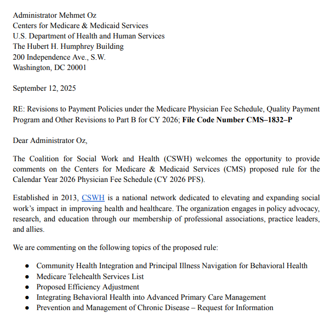 CSWH Comments on 2026 Proposed Medicare Part B policies