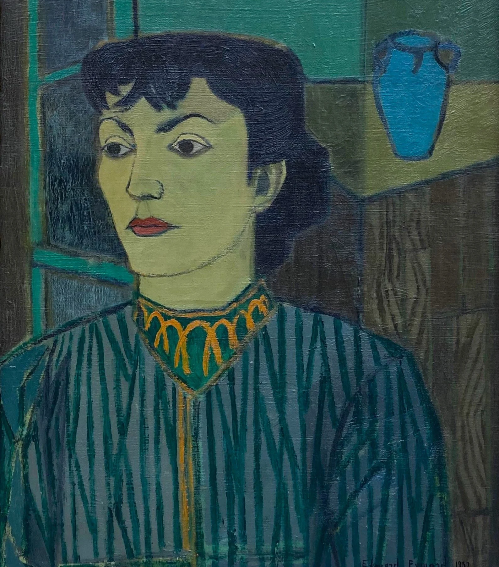 Edouard Eymard (1924-2020). Portrait de femme au vase bleu, 1952.