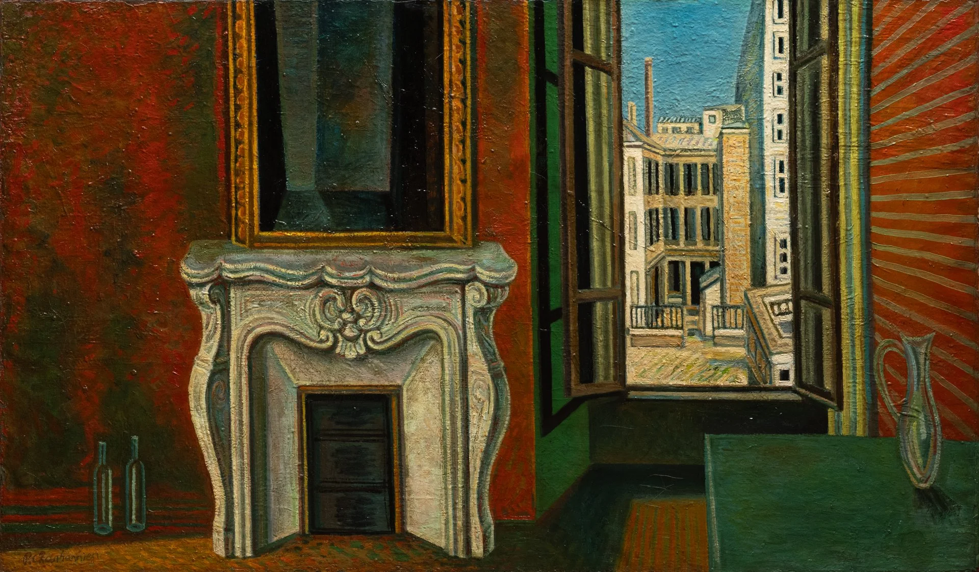 Vue d'une fenêtre ouverte donnant sur un bâtiment en ville, avec un intérieur comprenant une cheminée décorative et des bouteilles sur une table, dans un style artistique moderne.