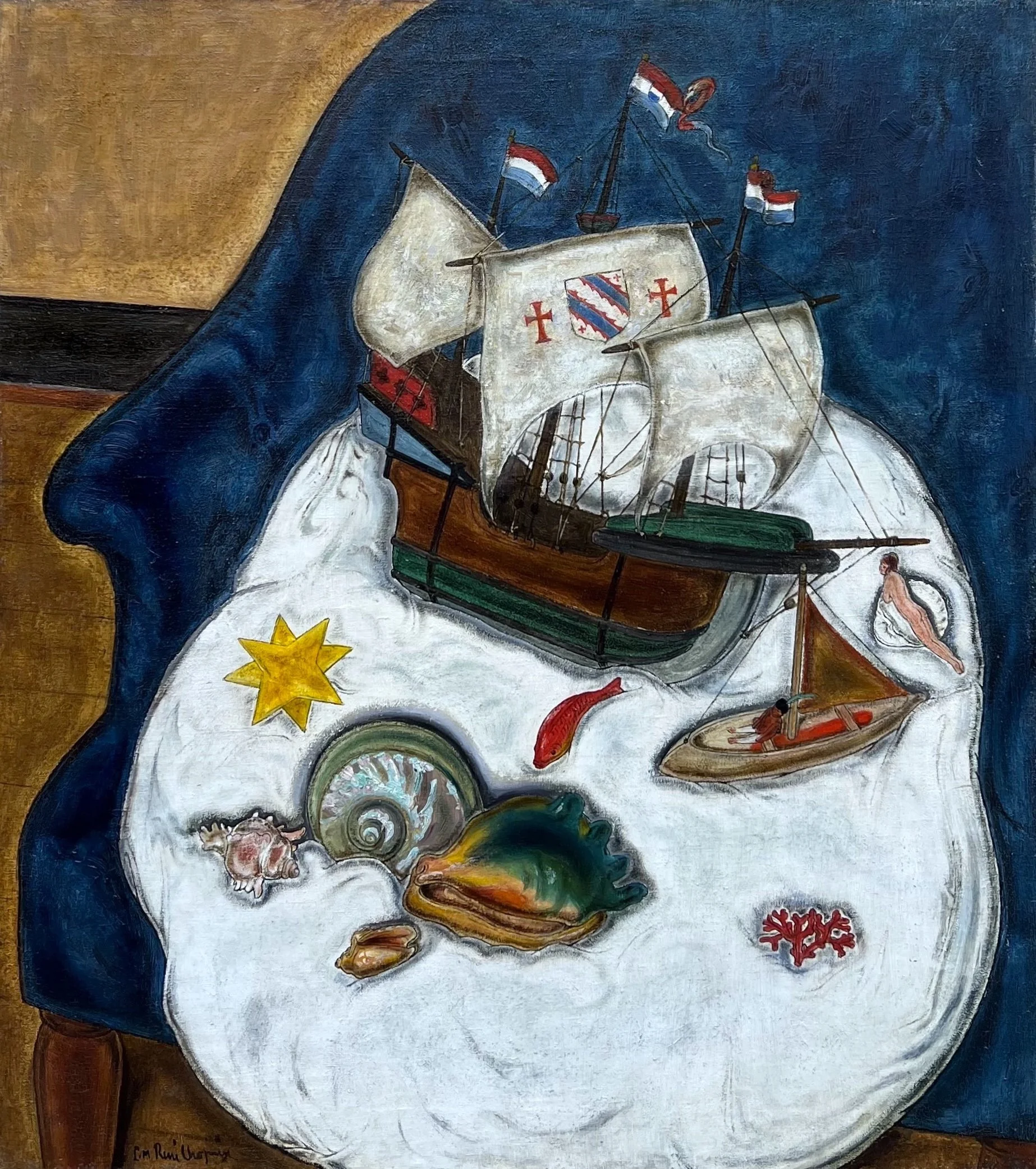 René Choprix (1888-1972). Bateaux et coquillages sur le fauteuil bleu.