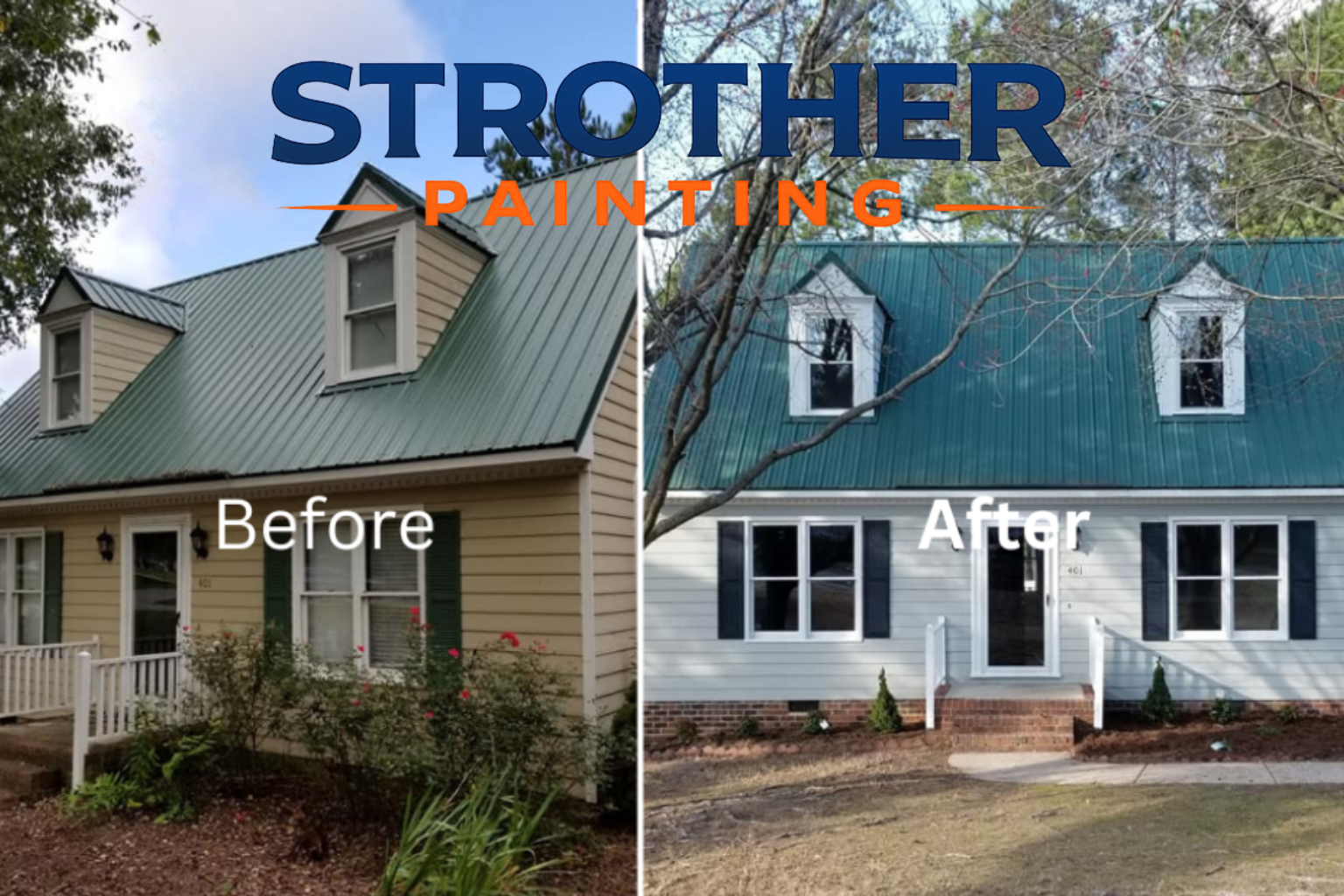 Comparison of a house before and after painting, showing the house on the left with a beige exterior and green roof, labeled "Before," and the house on the right with a white exterior and teal roof, labeled "After."