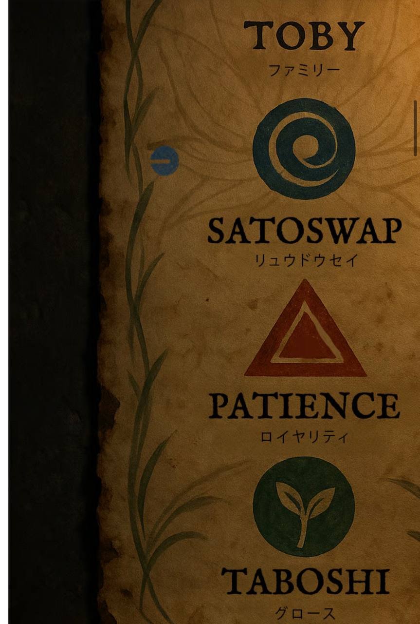 A decorative poster with the words 'Toby', 'Satoswap', 'Patience', and 'Taboshi', each accompanied by symbols and Japanese translations, arranged vertically on a textured background.
