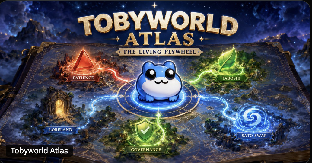 A colorful, animated map of Tobyworld Atlas titled 'The Living Flywheel,' featuring a cute blue fly character at the center connected to four island-like locations labeled 'Patience,' 'Taboshi,' 'Loreland,' and 'Sato Swap,' with a neon green 'Governance' symbol at the bottom center.