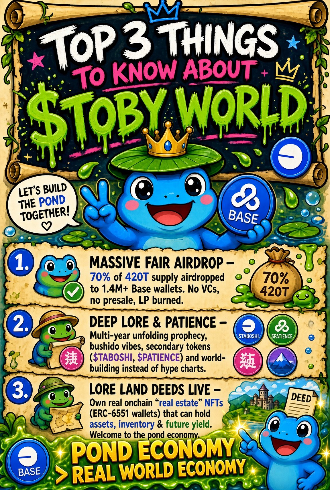 Colorful infographic featuring cartoon frogs, with a main title that reads 'Top 3 Things to Know About $STOBY World'. The infographic highlights details about airdrops, lore, and land deeds for a digital or blockchain-based project, with various icons, banners, and playful design elements.