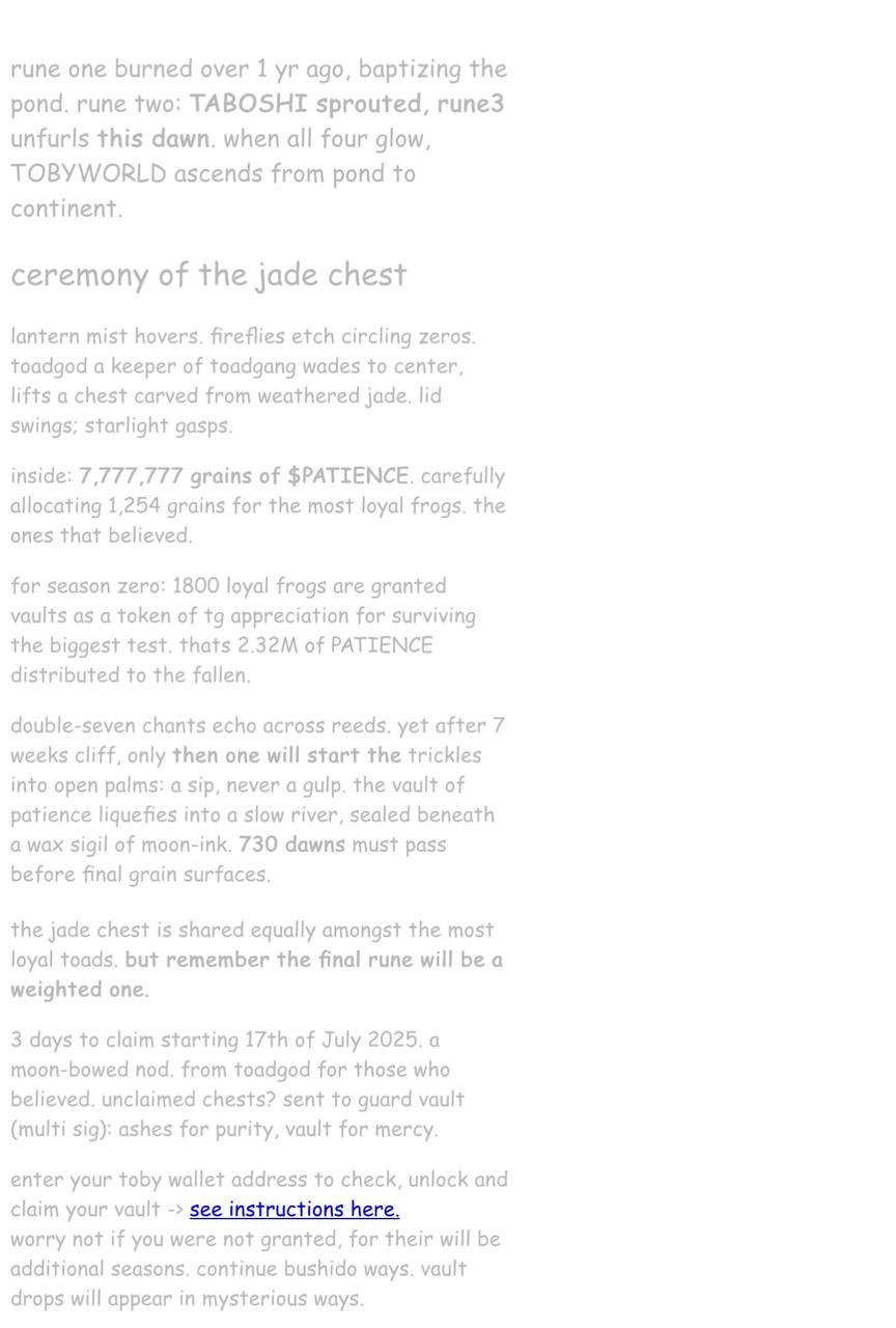 Text about runes, ceremonies, patience, vaults, and a claim process, with instructions for vault access.