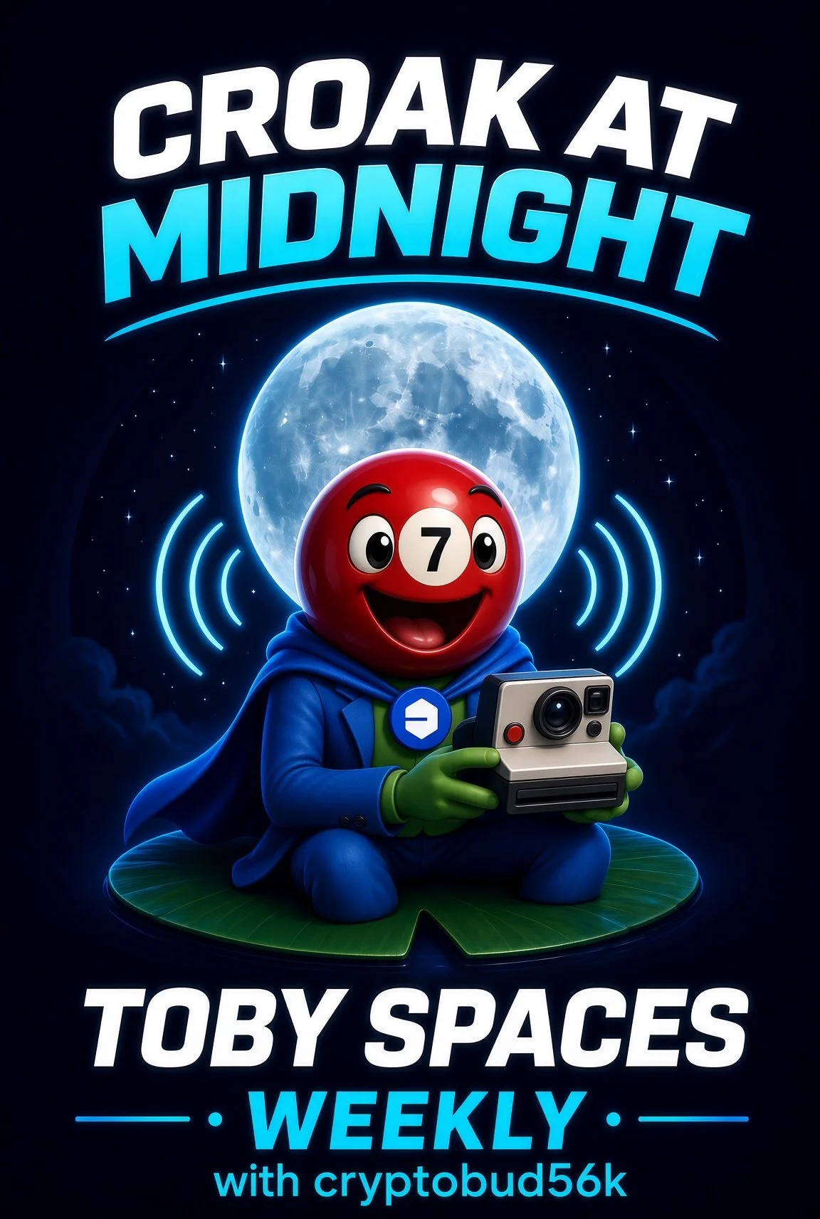 Promotional poster for 'CROAK AT MIDNIGHT' podcast series by Toby Spaces, featuring a cartoon frog holding a vintage camera, with a full moon background and neon-style text.