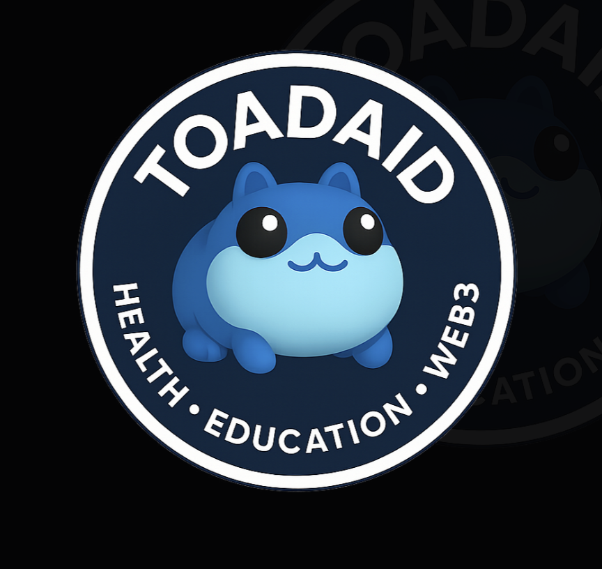 A circular badge with a cartoon blue toad character in the center, featuring large black eyes and a smiling face. Around the toad, the text reads 'TOADAID' at the top, and 'HEALTH • EDUCATION • WEB3' at the bottom, all on a dark blue background.