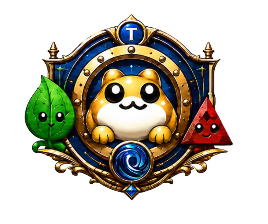 A colorful emblem featuring a cute, cartoon-style hamster surrounded by a green leaf and a red triangle with faces, set within a decorative, ornate gold and blue border.