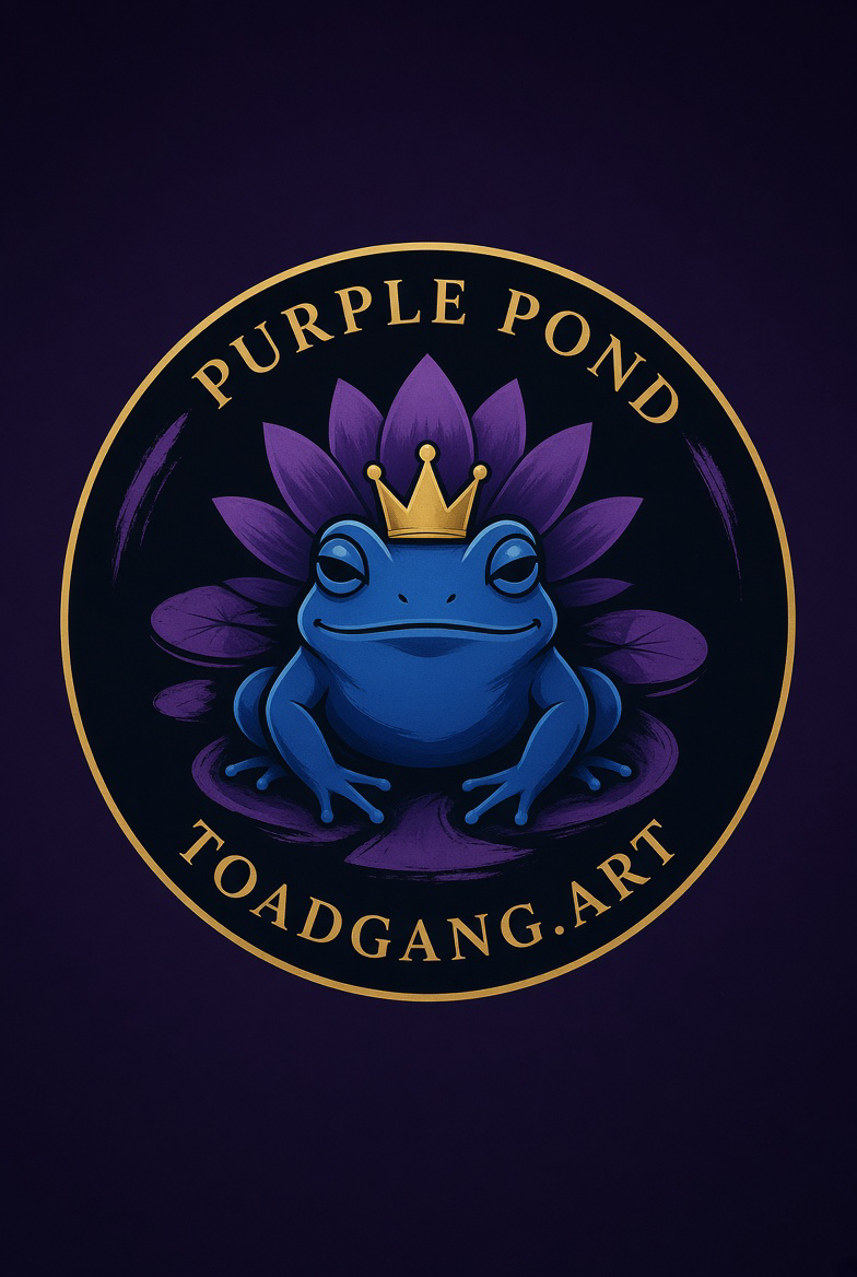 A logo featuring a blue frog with closed eyes, wearing a gold crown, surrounded by purple petals, with the text 'Purple Pond' and 'ToadGang.Art'.