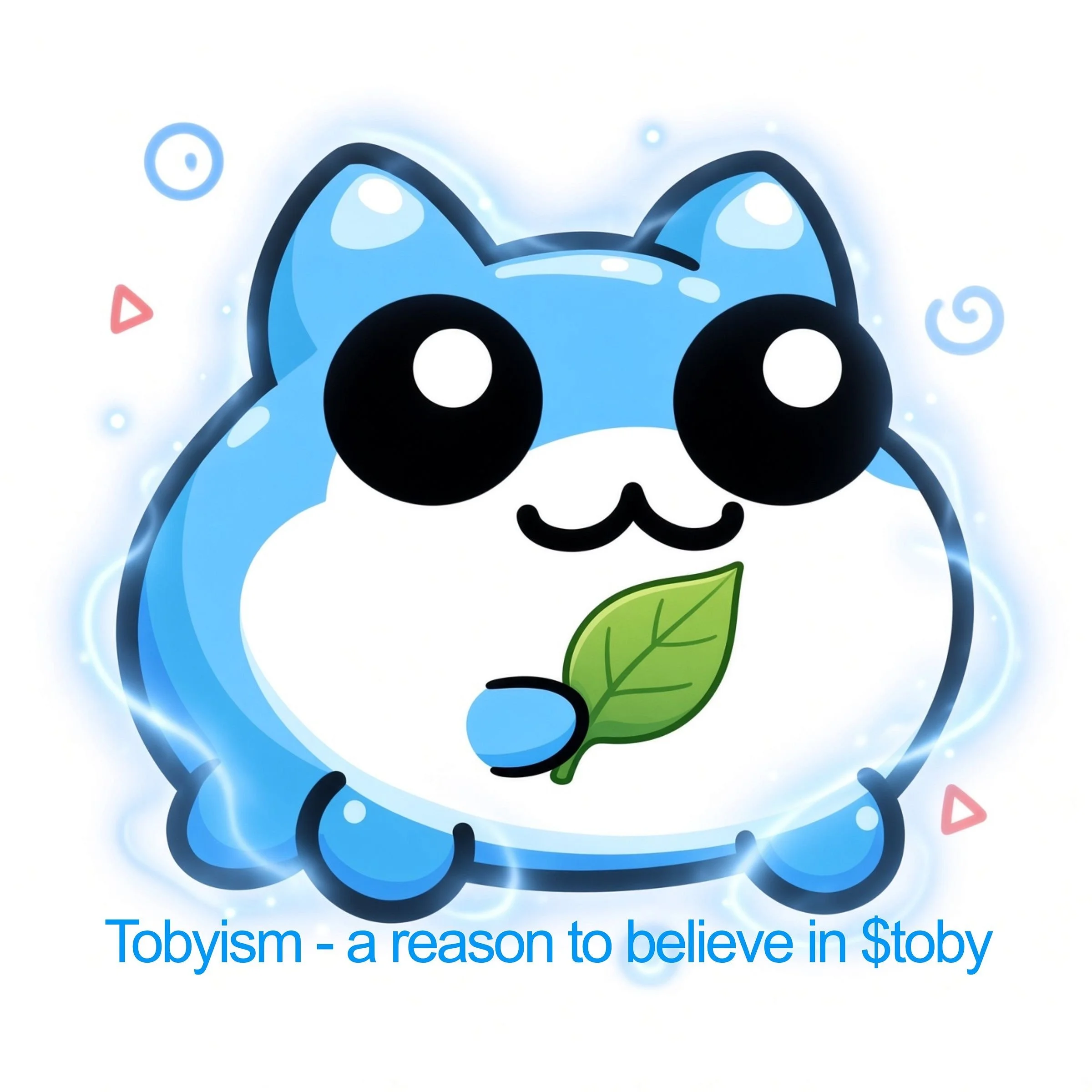 Graphic of a blue cartoon car with a smiling face, surrounded by colorful abstract shapes, and a green leaf at the bottom. Text at the bottom reads "Tobygasm - a reason to believe in $toby".
